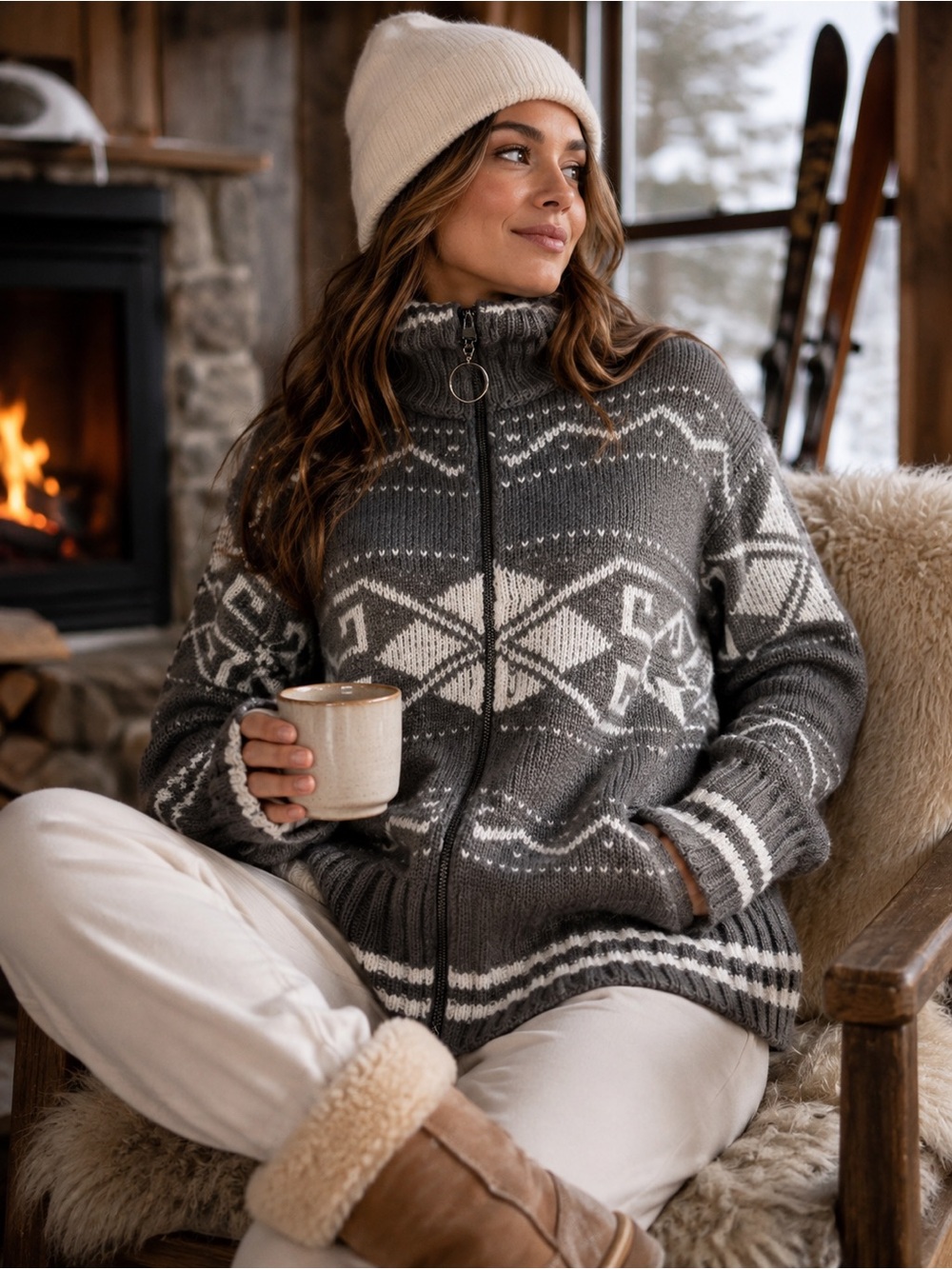 Magaschoni Taupe & Cream Nordic Zip-Up Knit Cardigan - Size S/P
